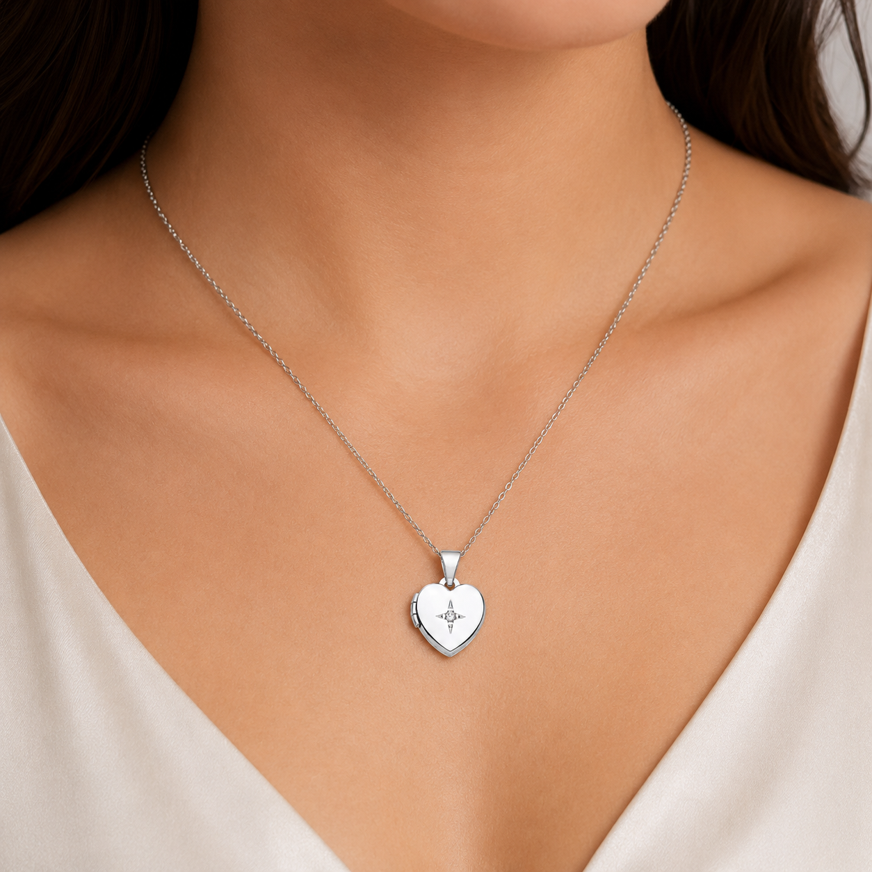 Small Heart Silver Locket Pendant with Natural Diamond Solid Silver 18" Chain