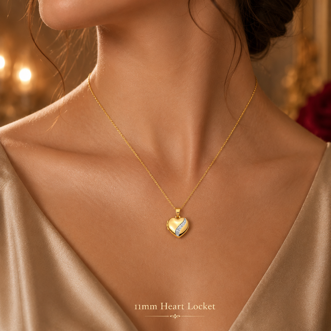 Elegant Gold Heart Locket Pendant with Natural Diamond on Solid Silver 18" Chain