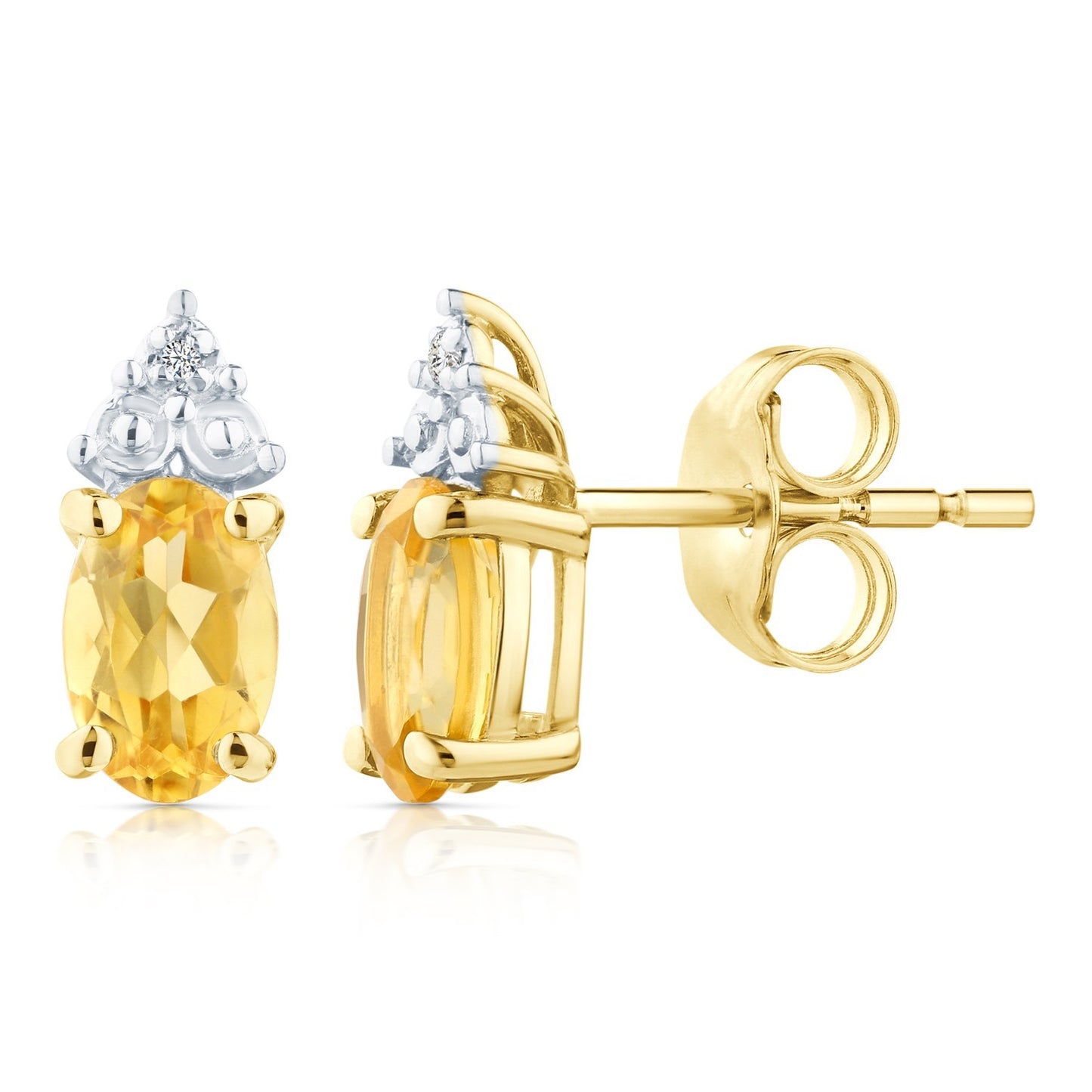Yellow Gold Natural Citrine & Diamond Accent Oval Stud Earrings