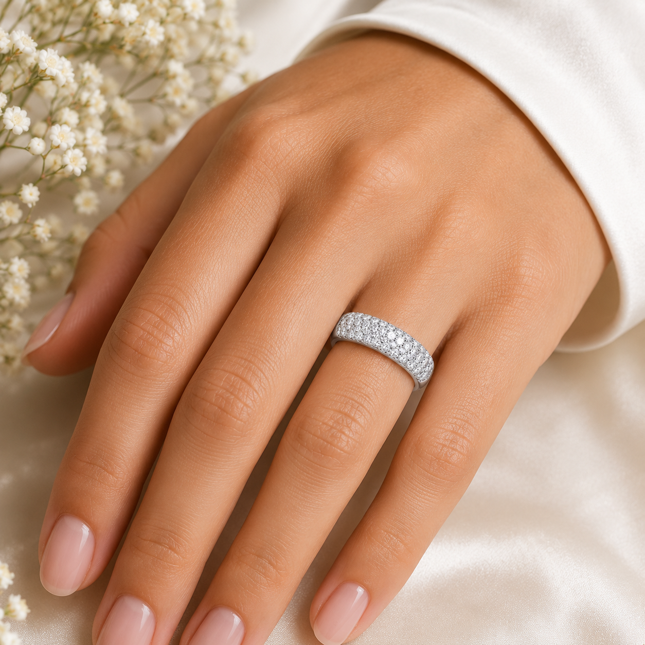 Luxury Pavé Gemstone Band Ring in Solid Sterling Silver 7.5mm Wide