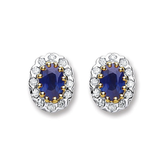 9ct Yellow Gold Sapphire and 0.20ct Diamond Oval Stud Earrings 10 x 7.6mm