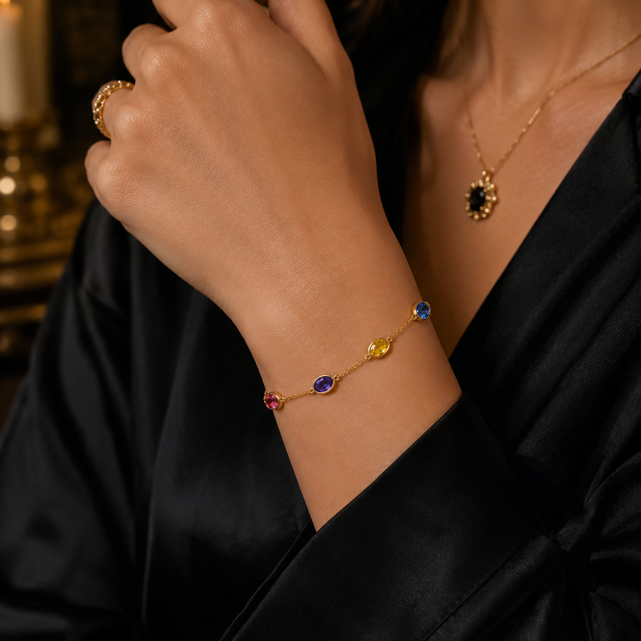 Multicolour Oval Gemstone Station Bracelet Yellow Gold 375 Hallmark 17.5-19cm