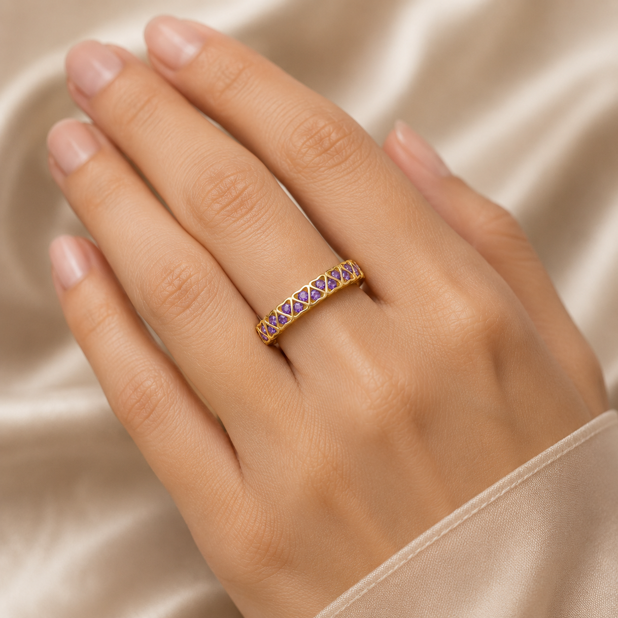 9k Yellow Gold Amethyst Heart Eternity Band Stackable Ring Sizes KLMNOPQRS