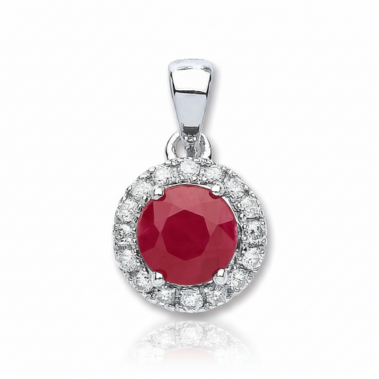 9ct White Gold 0.15ct Diamond 0.80ct Round Ruby Pendant