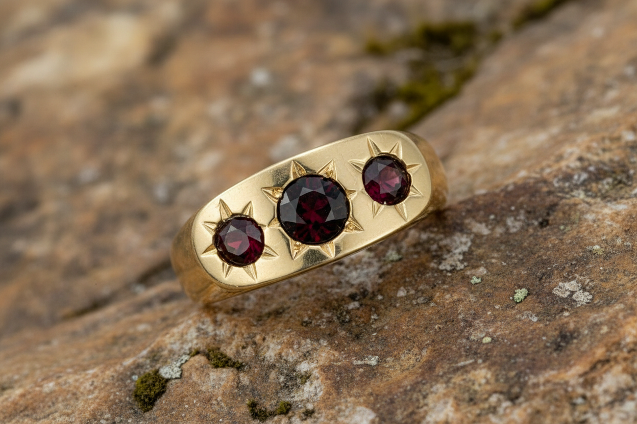 Gents Three Stone Garnet Ring 9ct Yellow Gold Gypsy Style Setting Hallmarked