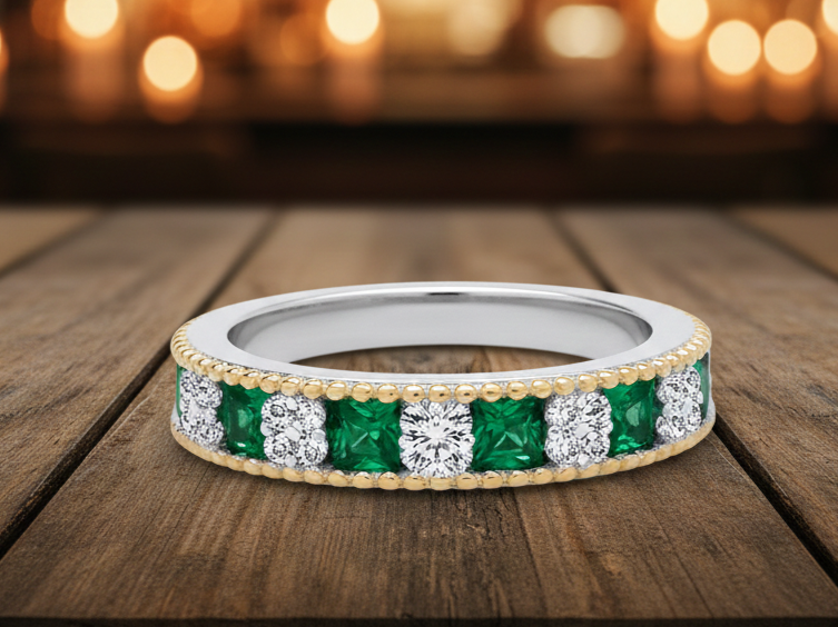 Sterling Silver Emerald Eternity Ring 18ct Gold Detail 925 Hallmark Size K - S