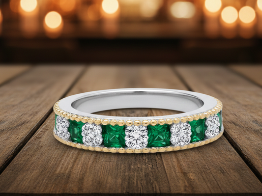 Sterling Silver Emerald Eternity Ring 18ct Gold Detail 925 Hallmark Size K - S