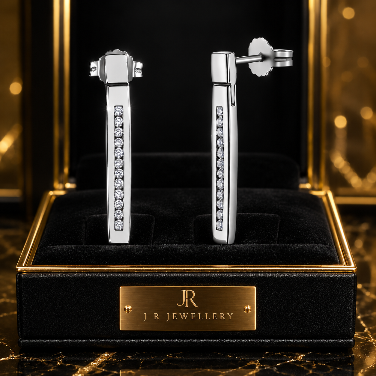 White Gold Diamond Bar Stud Earrings | Ladies Sparkly Minimalist Jewellery Gift