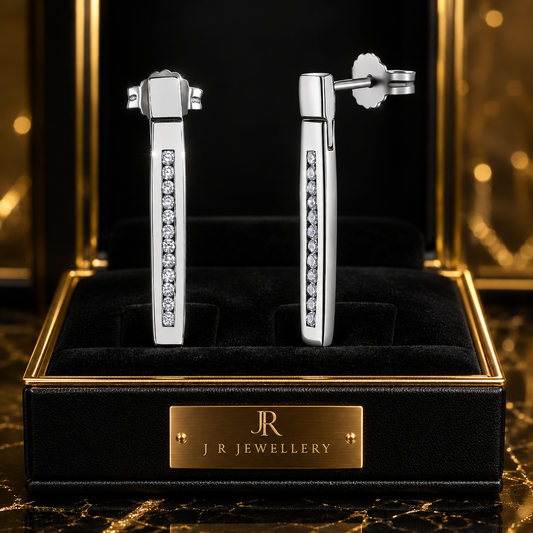 White Gold Diamond Bar Stud Earrings | Ladies Sparkly Minimalist Jewellery Gift