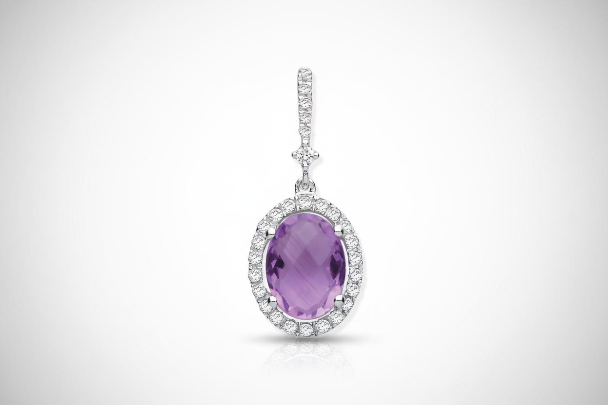 9ct White Gold 1.35ct Oval Amethyst & 0.17ct Diamond Pendant