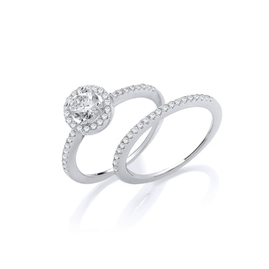 Sterling Silver Bridal Set Halo Solitaire with Half Eternity Ring 925 hallmark