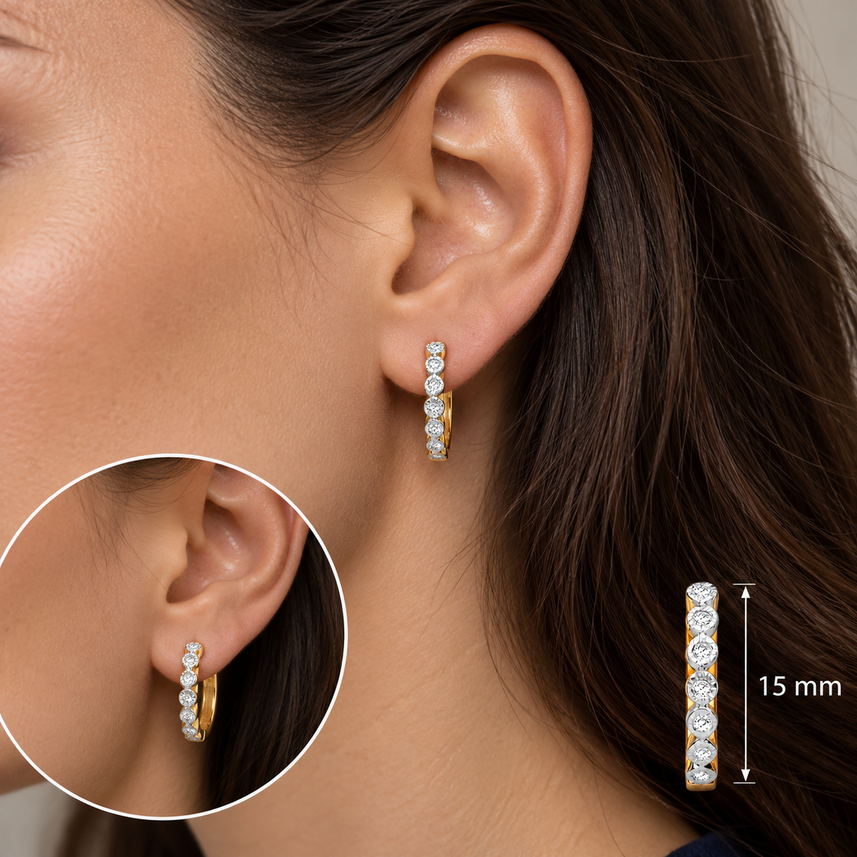 Real Diamond Hoop Earrings 9ct Yellow Gold 15mm Diameter 0.10ctw Mined Diamonds