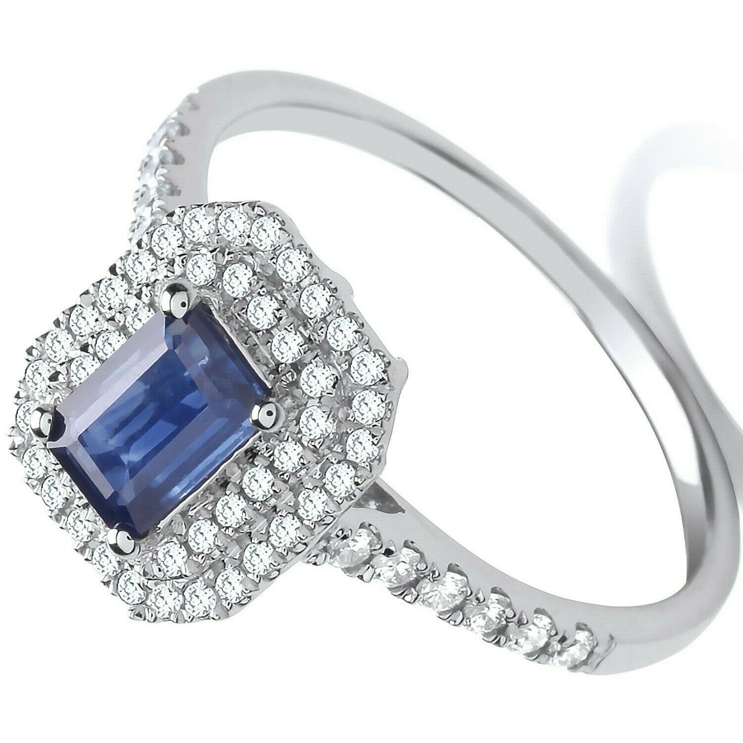 9ct White Gold 0.30ct Double Halo Diamond 0.66ct Emerald Cut Sapphire Ring