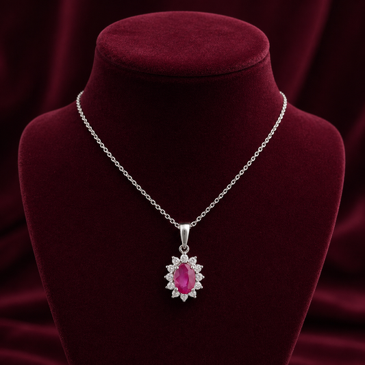 Ruby Oval Cluster Pendant With 0.15ctw Diamond 18ct White Gold 18" 46cm Chain
