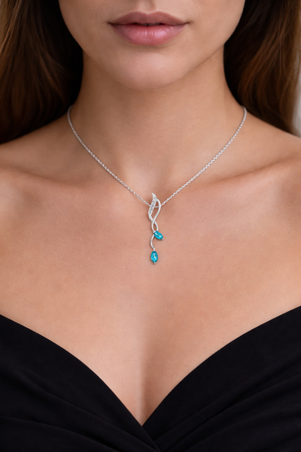 9ct White Gold Blue Topaz Necklace With Diamonds 18" 46cm Length Chain
