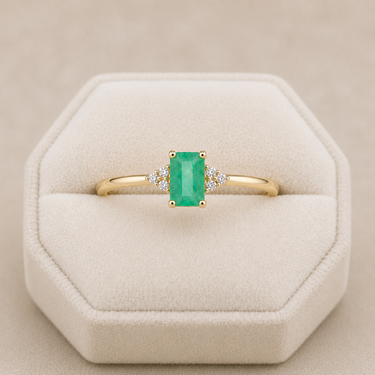 Natural Emerald Solitaire Ring Real Diamond Accents 9ct Yellow Gold