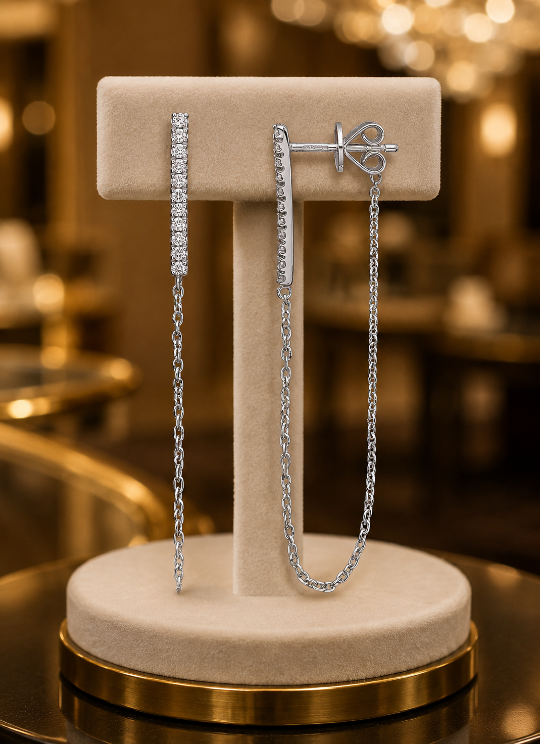 Diamond Bar Drop Earrings – 46mm Elegant Chain Dangle - White Gold Hallmarked