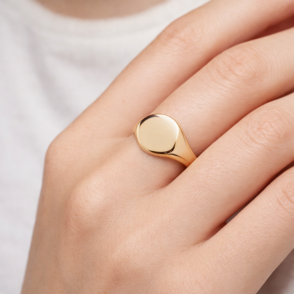 Plain Round Signet Ring 18ct Gold on Solid Sterling Silver 925 Hallmark Size J-V