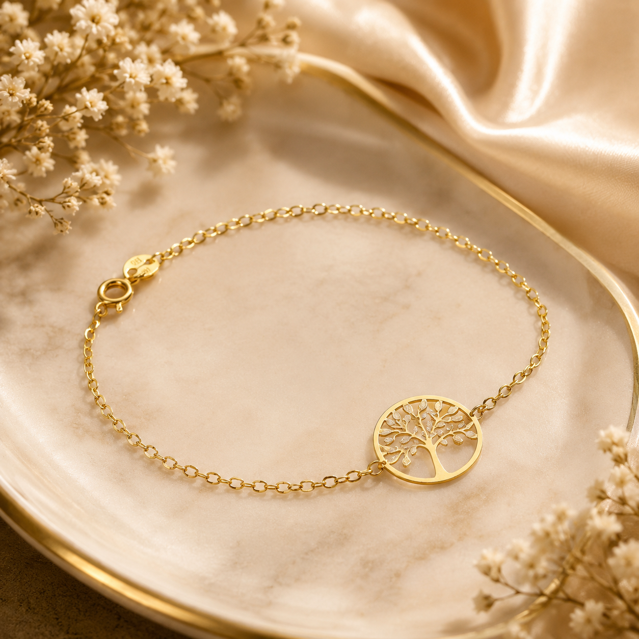 Elegant Tree of Life Gold Chain Bracelet 9ct Yellow Gold 375 Hallmark 19cm
