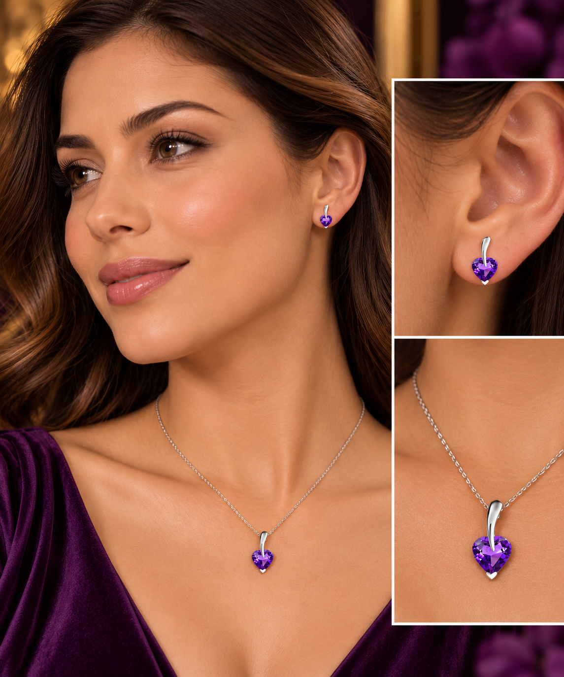Real Amethyst Heart Pendant and Earrings Matching Set Solid Sterling Silver 925