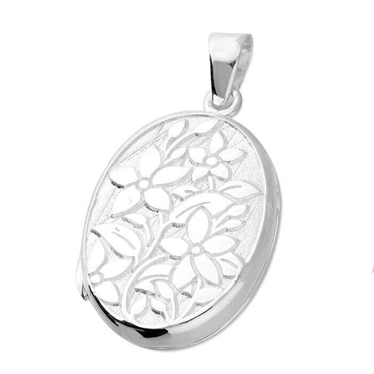 Sterling Silver Embossed Flower Oval  Locket 18 x 13mm 925 Hallmark