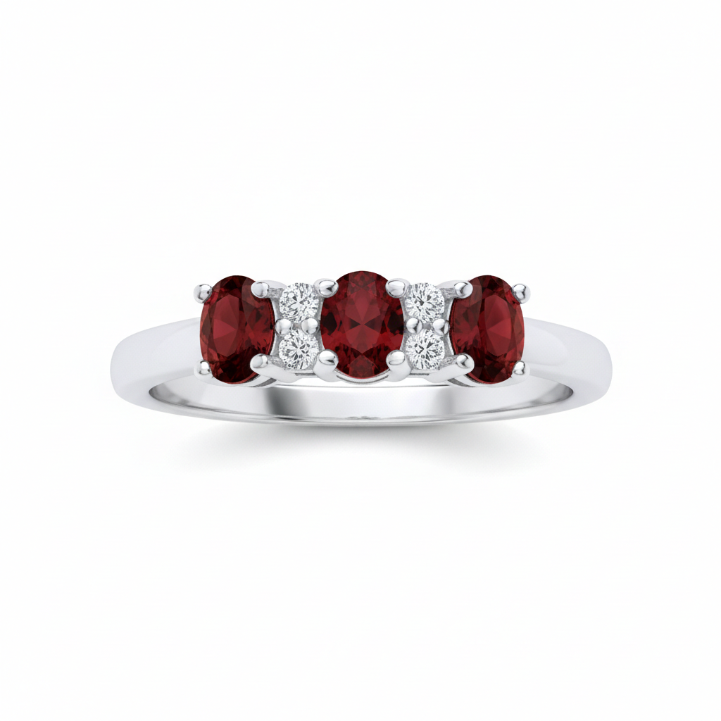 Ruby Three Stone Trilogy Ring Sterling Silver Engagment 925Hallmark Size K-S