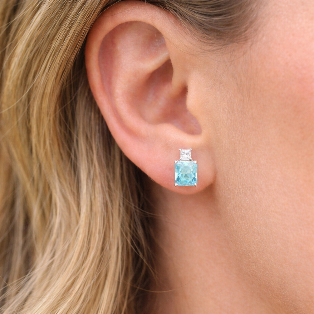 Blue Topaz Stud Earrings Solid Sterling Silver 925 Hallmark Rhodium Finish