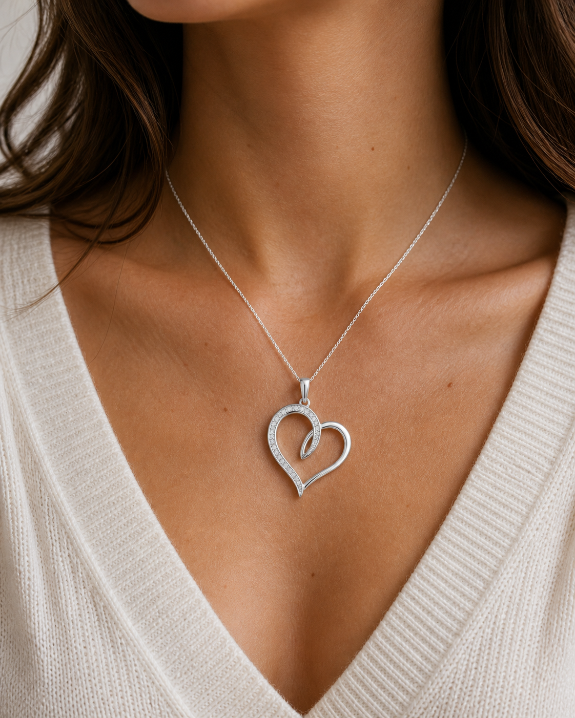 Natural Diamond Open Heart Pendant White Gold 18" Chain Hallmark British Made