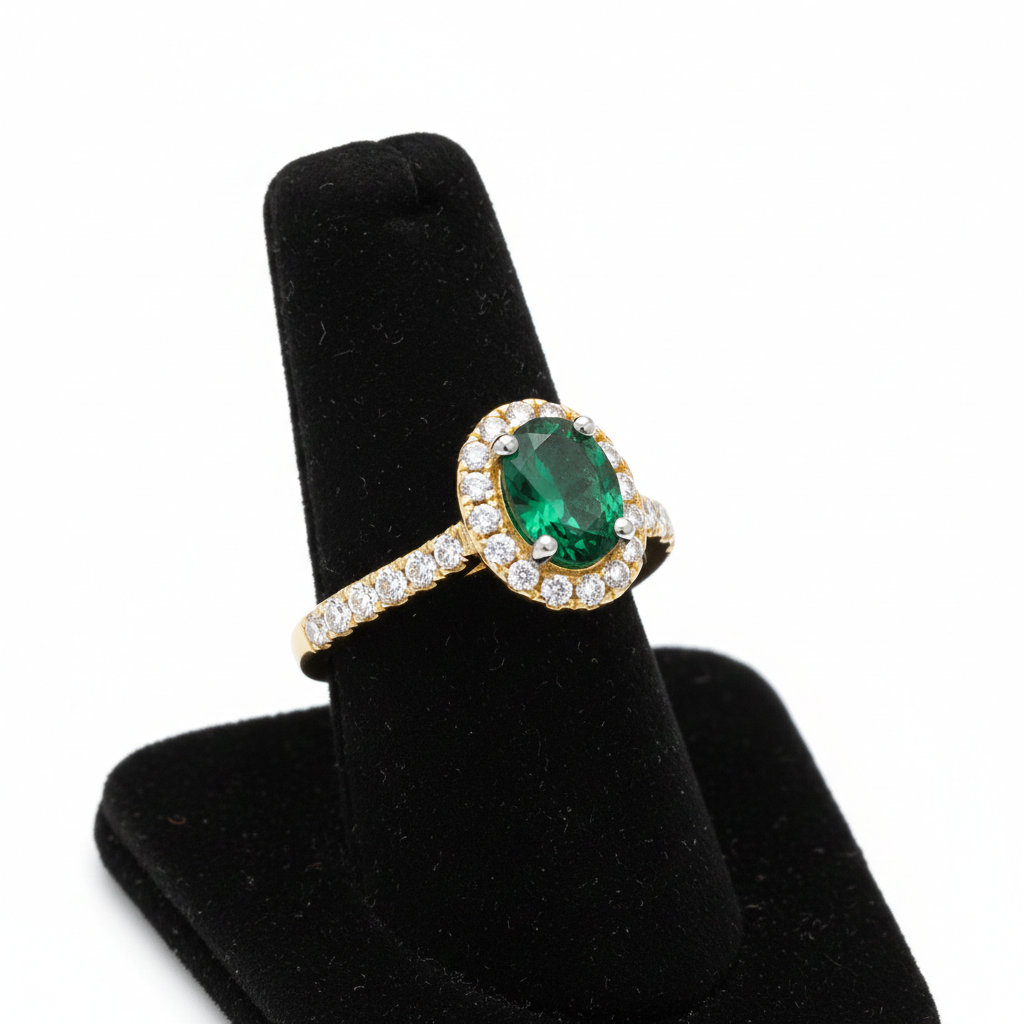 18ct Yellow Gold Emerald Ring Halo on Sterling Silver 925 Hallmark Size K-S