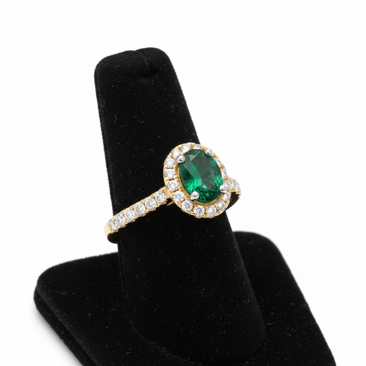 18ct Yellow Gold Emerald Ring Halo on Sterling Silver 925 Hallmark Size K-S