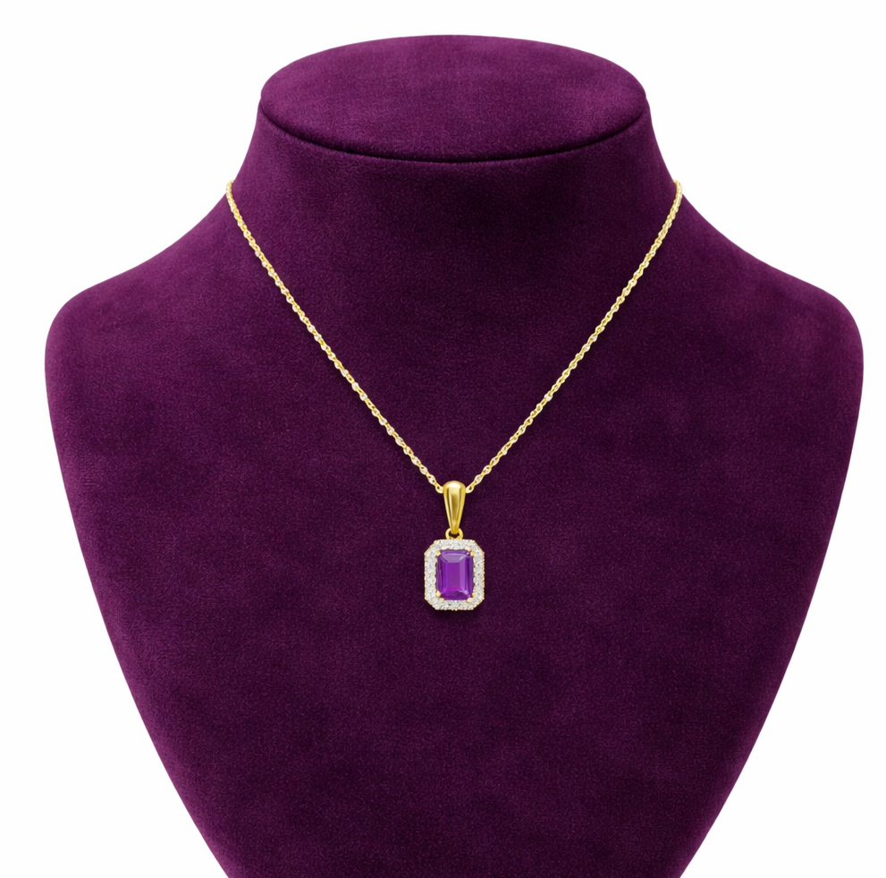 Real Amethyst Pendant With Diamond Halo Solid Yellow Gold 18" 46cm Length Chain