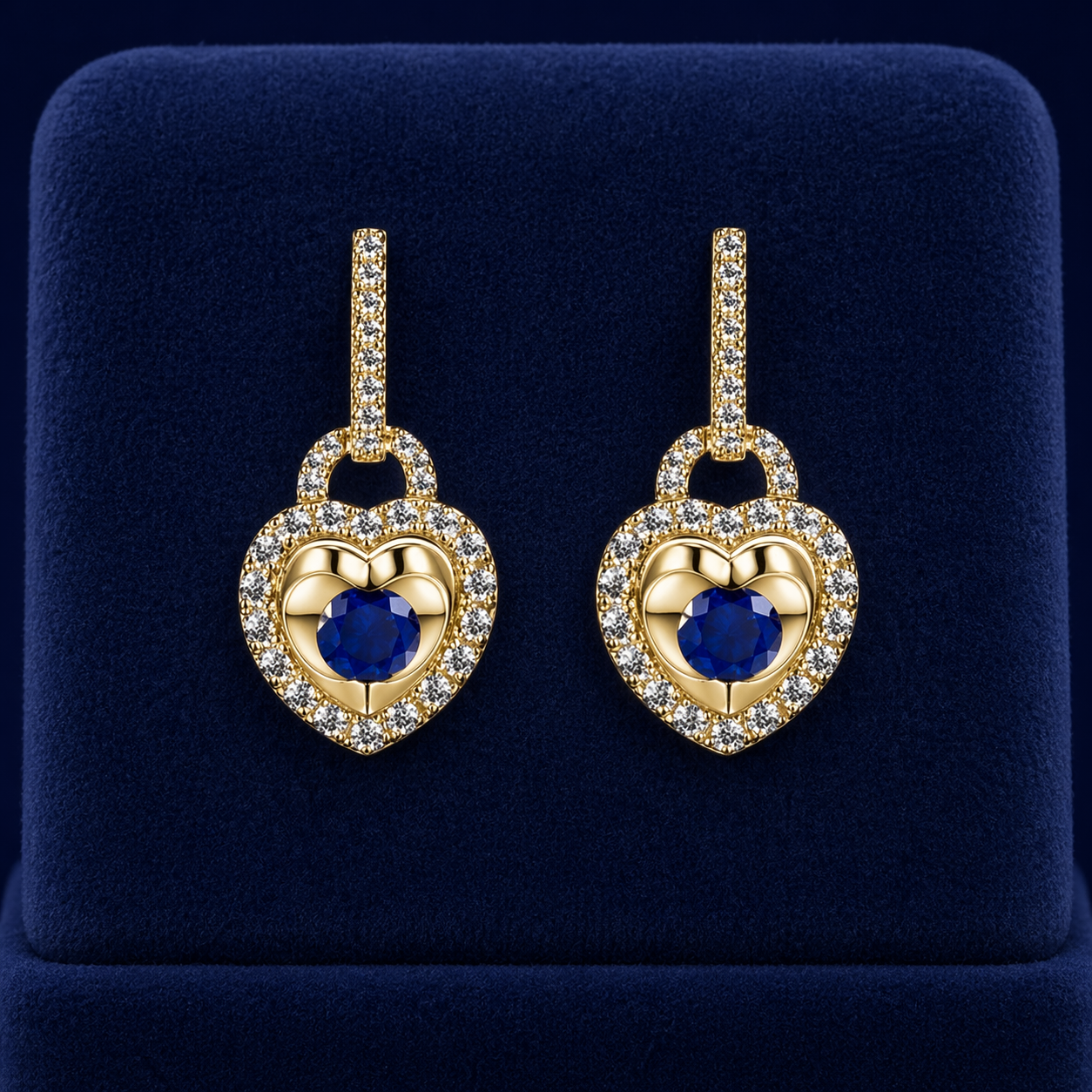 Natural Sapphire and Diamond Heart Drop Earrings 9ct Yellow Gold Hallmarked