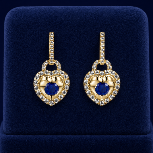 Natural Sapphire and Diamond Heart Drop Earrings 9ct Yellow Gold Hallmarked