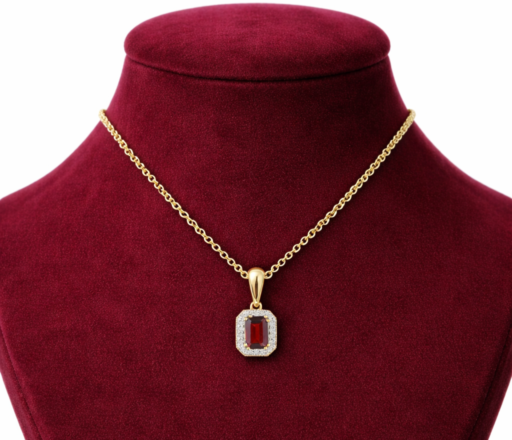 Real Garnet Pendant With Diamond Halo Solid Yellow Gold 18" 46cm Length Chain