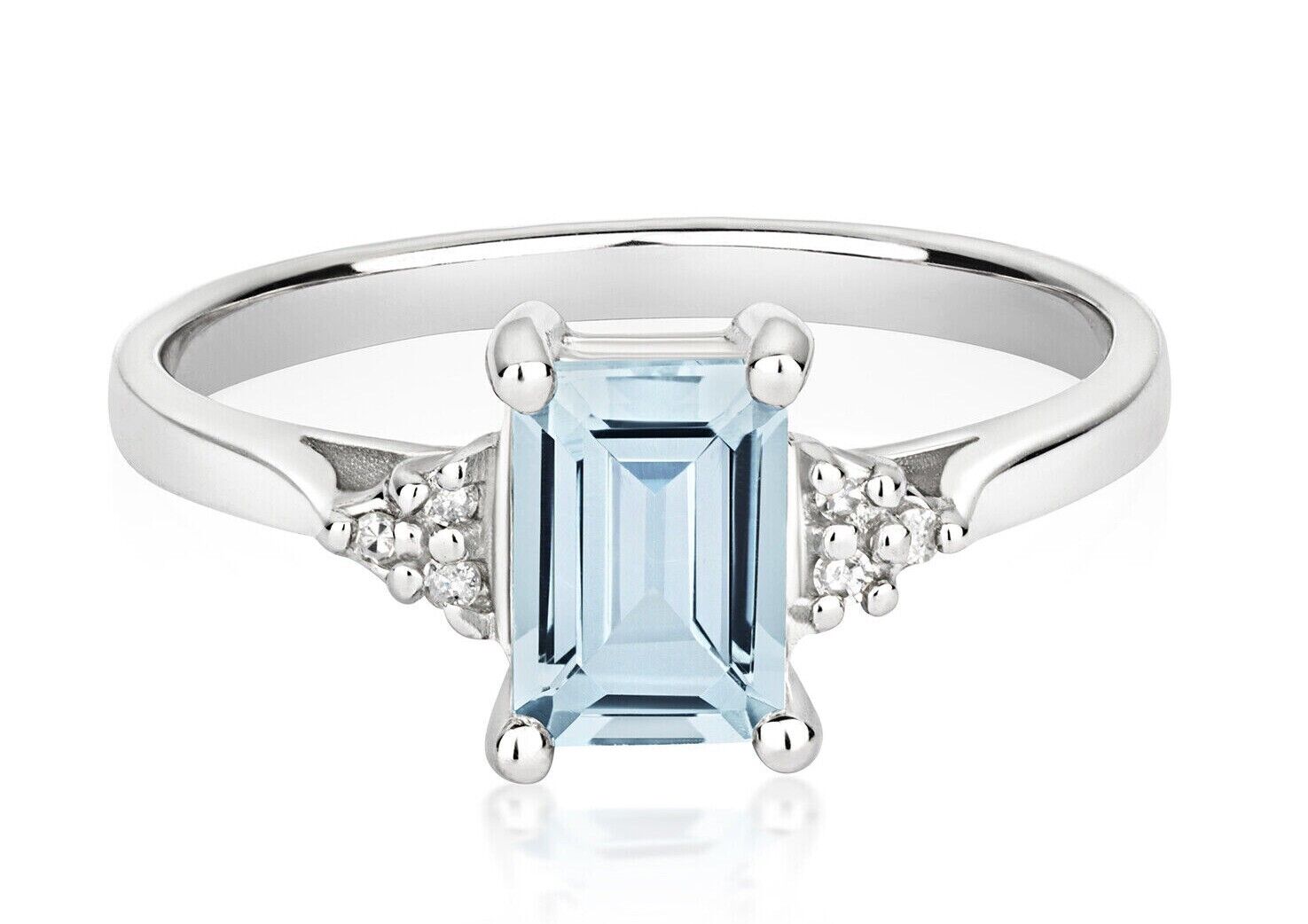 Real Aquamarine and Diamond Ring Solid White Gold Emerald Cut Solitaire