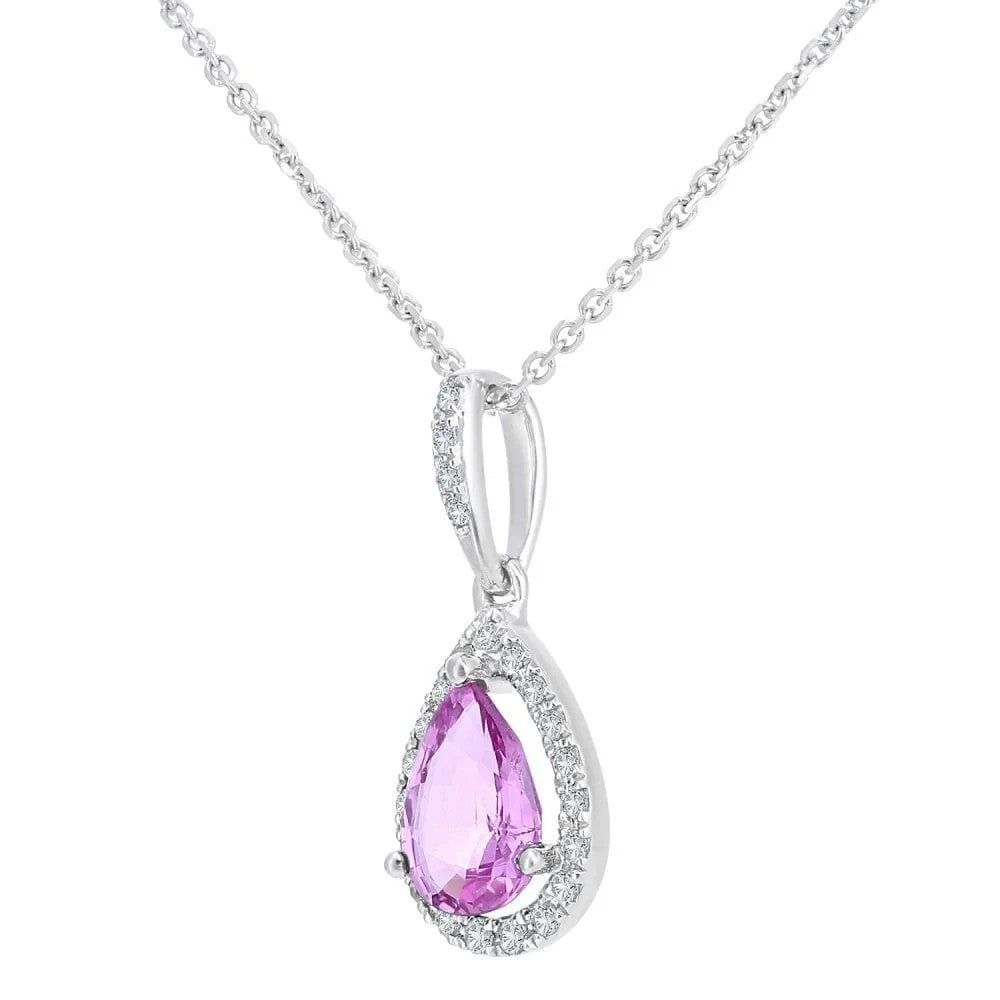 Pink Sapphire Teardrop Pendant With Diamonds 9ct White Gold 18" 46cm Chain