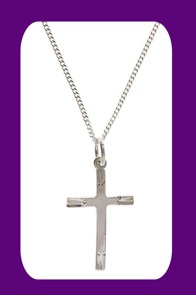 Sterling Silver Diamond Cut Edge Cross 925 Hallmark 22 x 13mm 16 - 18" Chain