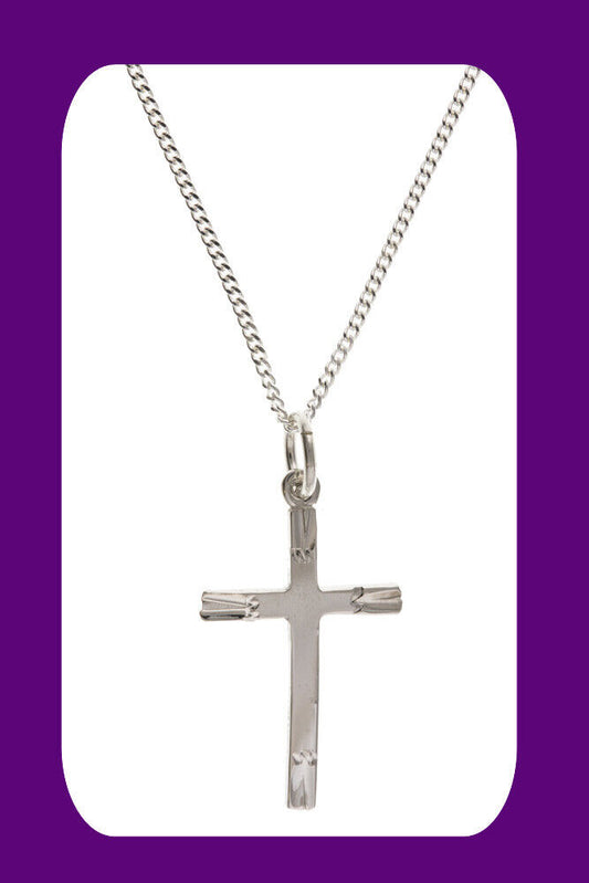 Sterling Silver Diamond Cut Edge Cross 925 Hallmark 22 x 13mm 16 - 18" Chain