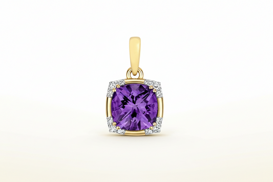 Amethyst and Diamond Cushion Pendant 9ct Yellow Gold Necklace Real Stones