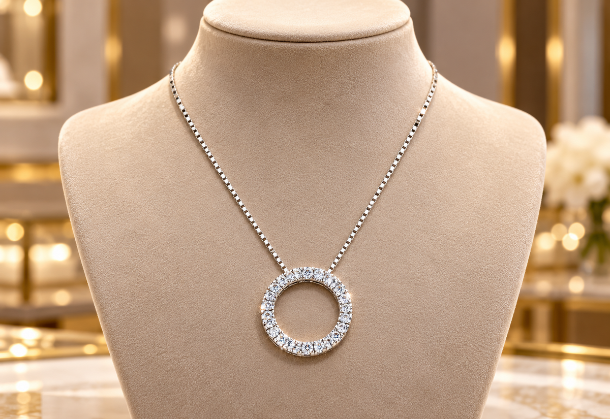 Diamond Round Circle Pendant Necklace 9ct White Gold 18" Chain