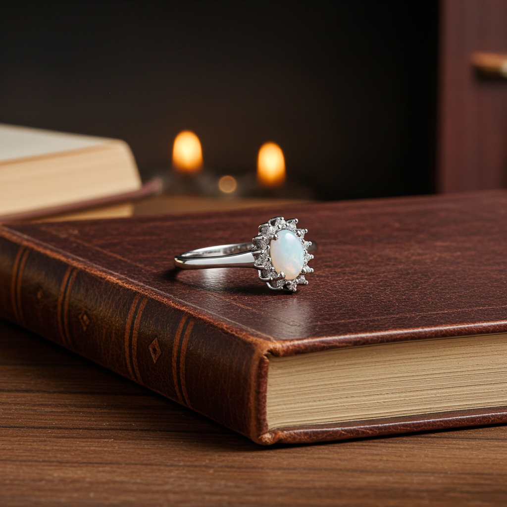 Natural Opal and Diamond Cluster Ring Solid Solid Sterling Silver Size J - V