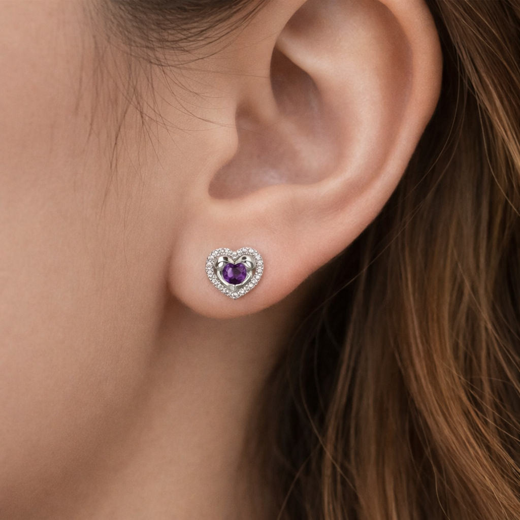 Natural Amethyst and Diamond Heart Earrings Solid 9ct White Gold Hallmarked