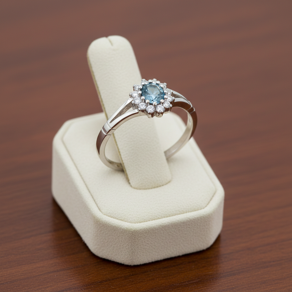 Sterling Silver Aquamarine Ring Oval Cluster Engagement 925 Hallmark Size K-S