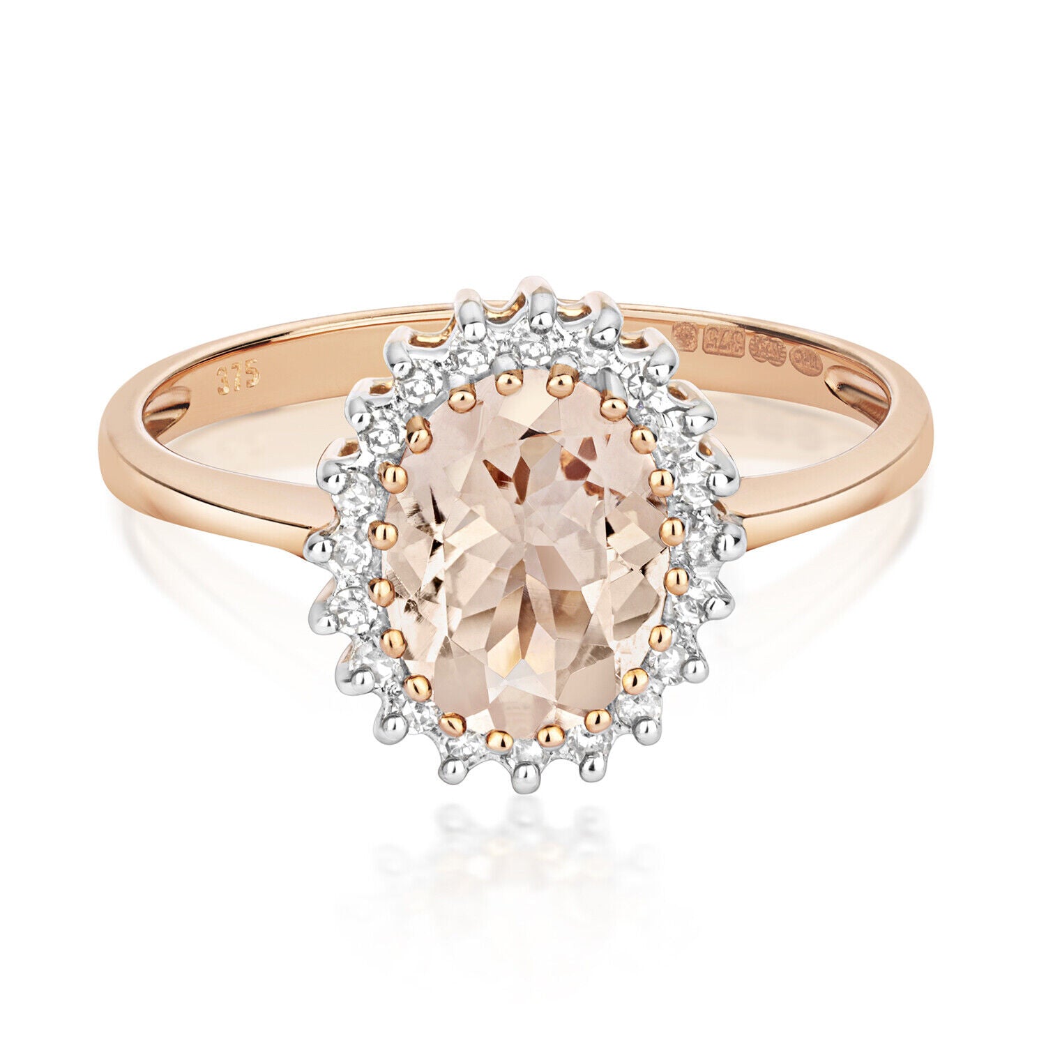 Real Morganite and Diamond Ring Solid Rose Gold Oval Gemstone Cluster Size J-Q