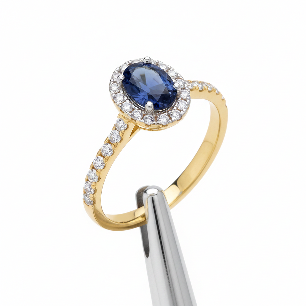 18ct Yellow Gold Sapphire Ring Halo on Sterling Silver 925 Hallmark Size K-S