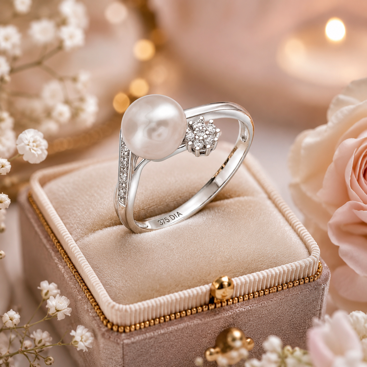 Classic Freshwater Pearl Ring with Diamond Cluster in 375 White Gold