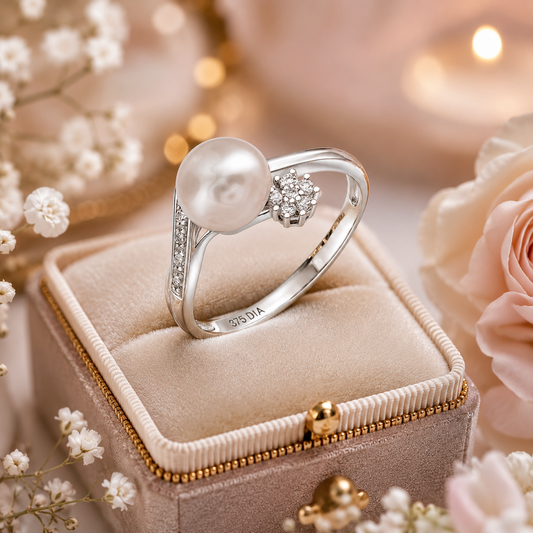 Classic Freshwater Pearl Ring with Diamond Cluster in 375 White Gold