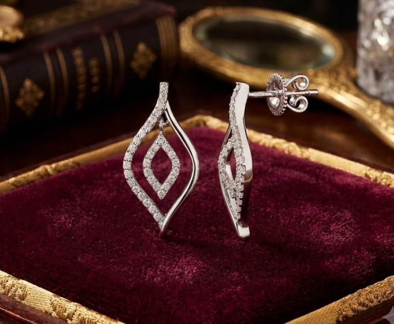 White Gold Diamond Accent Open Marquise Drop Earrings 20.6mm Elegant Dangle Gift