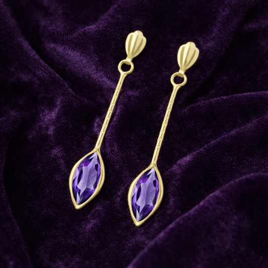 Natural Amethyst Marquise Earrings Solid 9ct Yellow Gold Stick Drops Hallmarked