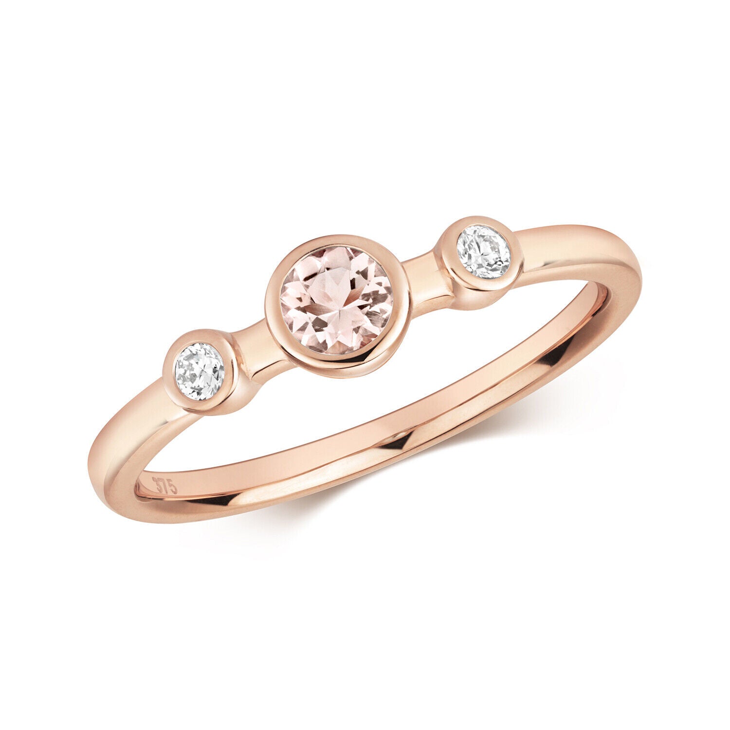 Real Morganite and Diamond Ring Solid Rose Gold Three Stone Solitaire Size J-Q